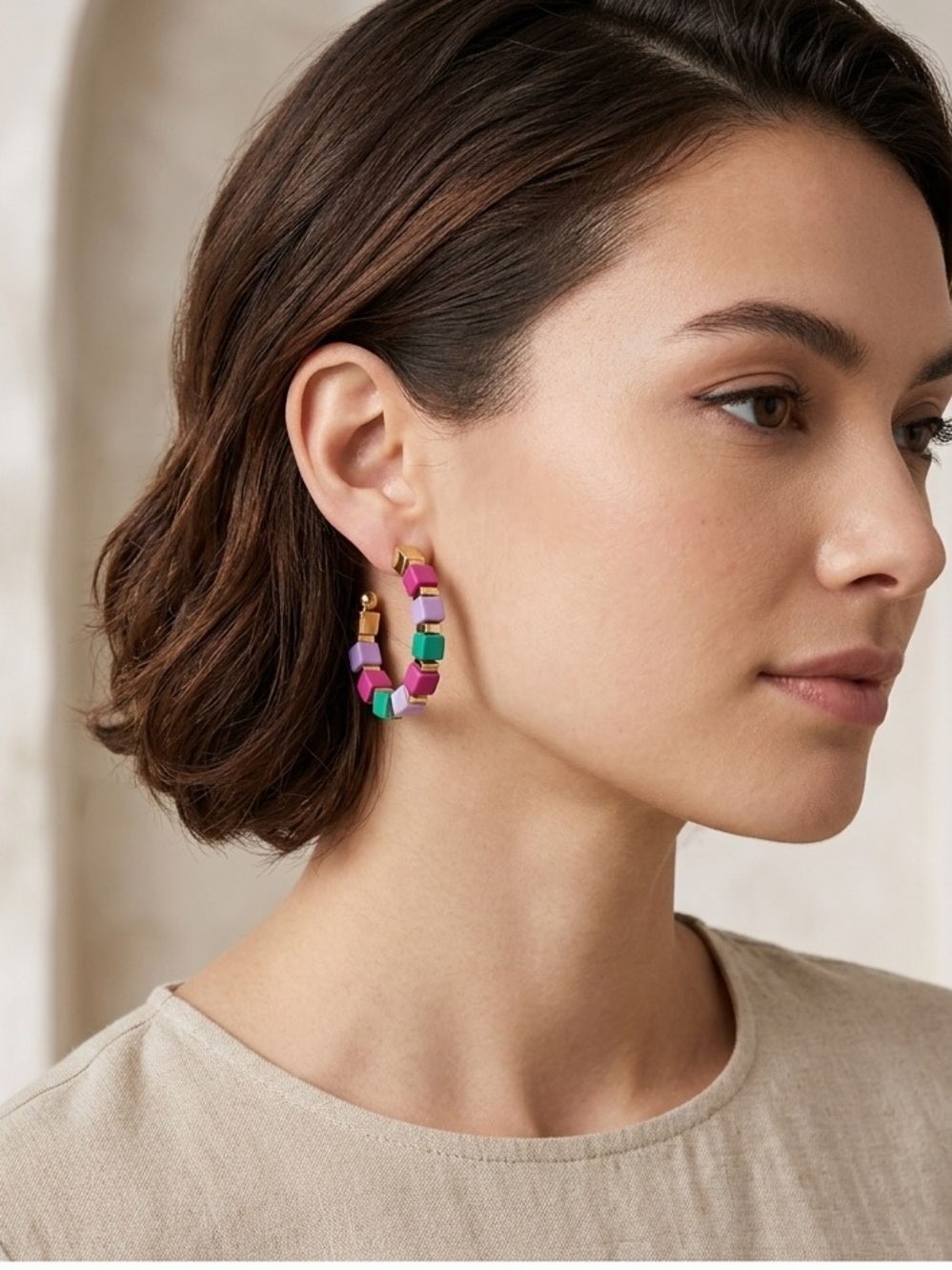 Gold Hoop Earrings with Pink, Purple & Green Cube Beads - Women Jewelry